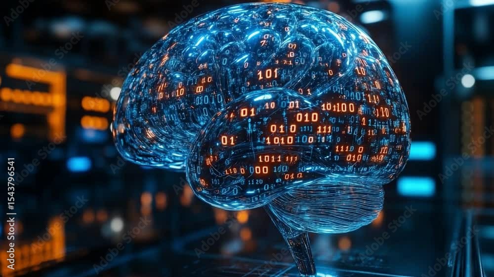 Aufkleber Digital Brain: Explore the intricate interplay of technology and the human mind, as a glowing, hyperrealistic digital representation of the brain is showcased with binary code.