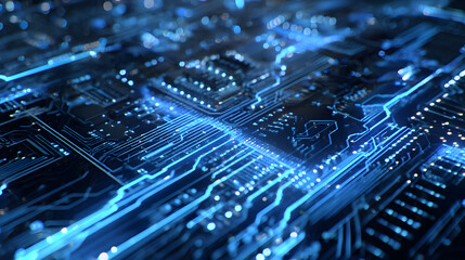 Futuristic circuit board background pulsating with blue energy and data flow