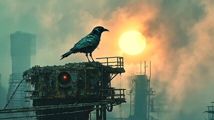 A solitary crow perched on a rusted industrial structure at sunset, with a hazy skyline - Powered by Adobe
