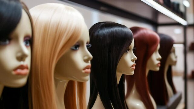 Front view of different colors of wigs on mannequin heads in fashion store, Fashion woman wig stands	
