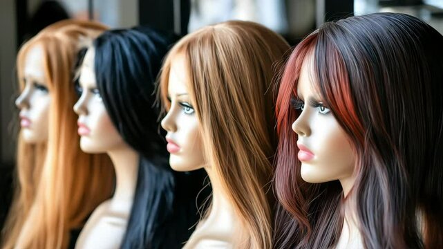 Front view of different colors of wigs on mannequin heads in fashion store, Fashion woman wig stands	
