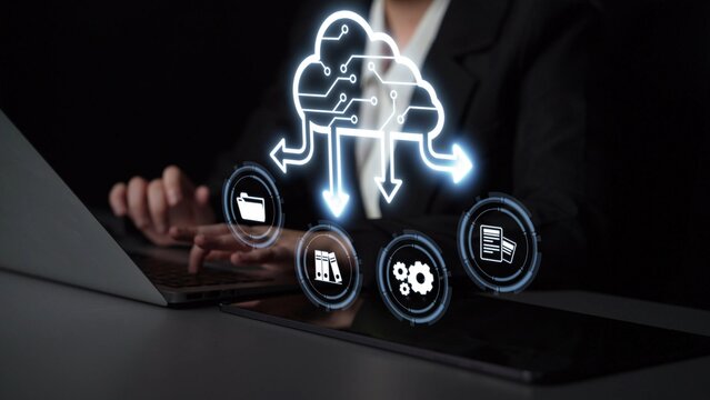 Cloud computing, cloud strategy, and cloud technology transforming digital infrastructure with scalable services, secure data storage, and cloud-based digital business solutions. Muxer - Powered by Adobe