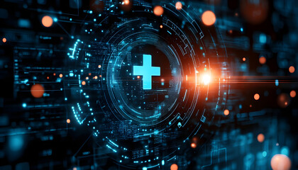 Obraz premium Modern Healthcare Technology with Glowing Shield, Emphasizing Digital Security for Medical Data
