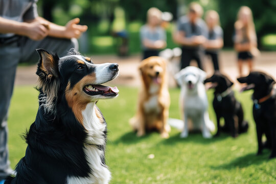 Professional dog trainer teaching obedience commands to a group of dogs in a park. Generative AI - Powered by Adobe