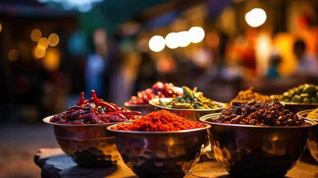 Metal bowls display vibrant spices on rustic surface, soft market lights glow in background, creating warm atmosphere at dusk.