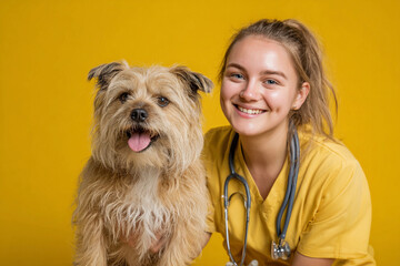 Pretty female veterinarian with a golden brussel griffon on yellow background. Veterinary medicine, animal care and pet concept. Studio portrait for poster, commercial, design 