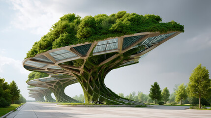 Futuristic data center designed as a giant bio-tree with solar panel leaves and vertical gardens, combining advanced technology with sustainable, nature-inspired architecture.