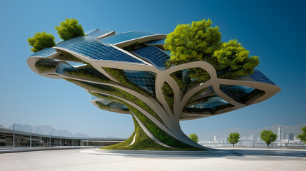 Futuristic data center designed as a giant bio-tree with solar panel leaves and vertical gardens, combining advanced technology with sustainable, nature-inspired architecture.