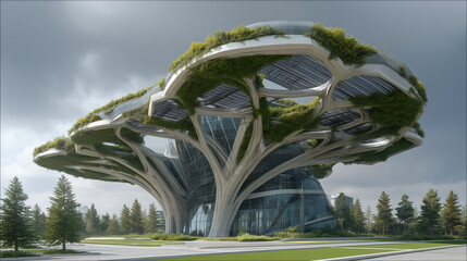 Futuristic data center designed as a giant bio-tree with solar panel leaves and vertical gardens, combining advanced technology with sustainable, nature-inspired architecture.