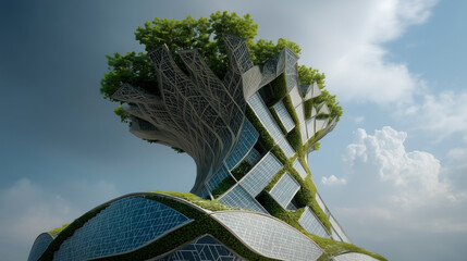 Futuristic data center designed as a giant bio-tree with solar panel leaves and vertical gardens, combining advanced technology with sustainable, nature-inspired architecture.