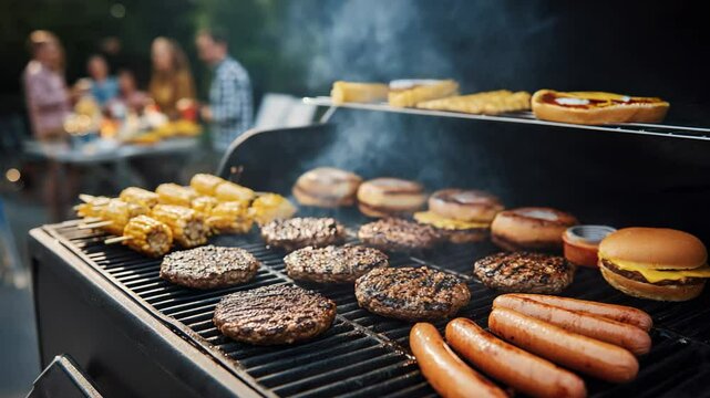 Grill loaded with burgers, hot dogs, corn, and buns smoking during outdoor barbecue with people in background