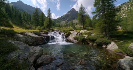 360 degree hdr panoramic view of serene nature alpine stream landscape