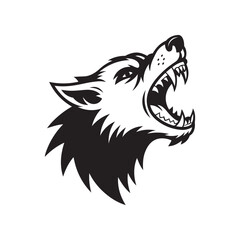 fierce black and white wolf head illustration with open mouth, sharp teeth, and intense expression for tattoo or logo design.