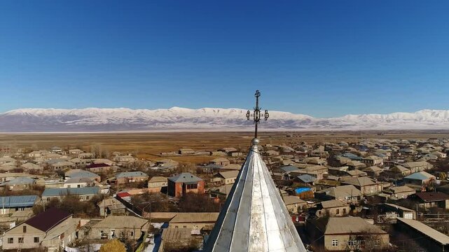 Drone shot of Karbi Church in Karbi village in Ashtarak, Aragatsotn, Armenia on a sunny day