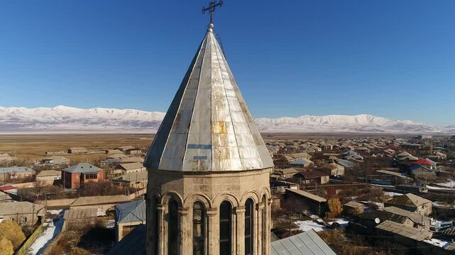 Rising-up drone shot of Karbi Church in Karbi village in Ashtarak, Aragatsotn, Armenia