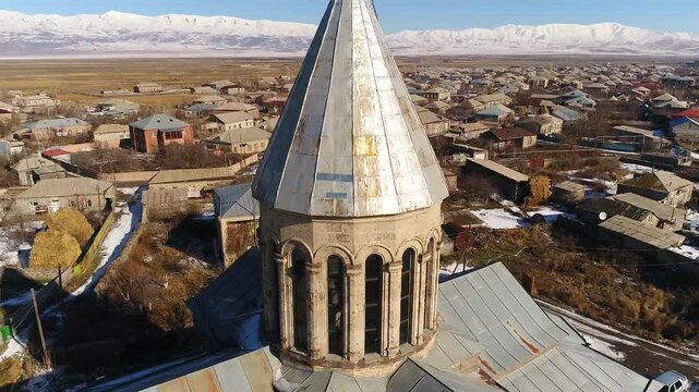 Drone shot of Karbi Church in Karbi village in Ashtarak, Aragatsotn, Armenia on a sunny day