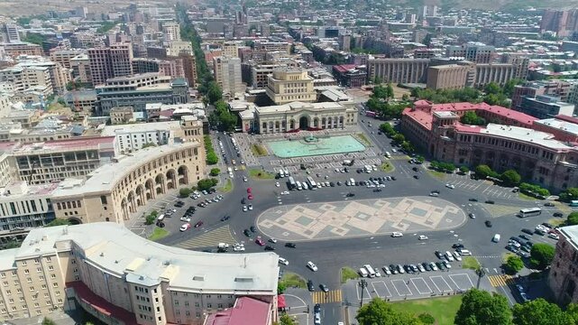 Aerial footage of the Republic Square (Hraparak) in Yerevan, the capital of Armenia, on a sunny day