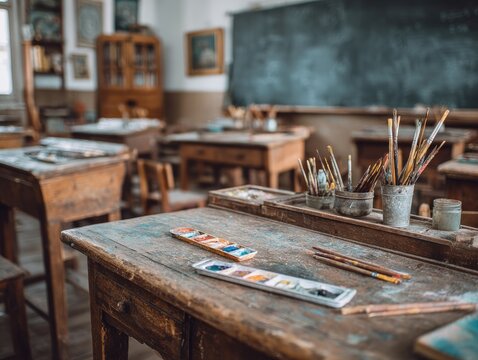 A weathered classroom, desks laden with paint palettes, brushes, and pencils; a chalkboard and aged furniture fill the background