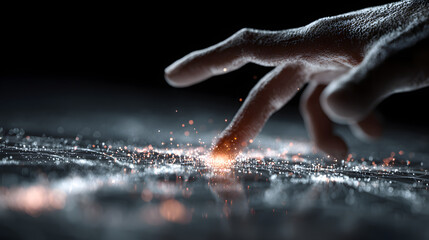 Futuristic digital interface with a hand interacting with glowing data particles on a virtual surface.