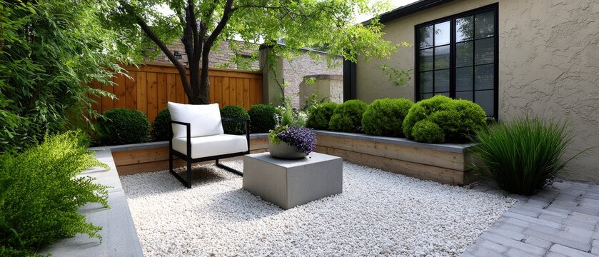 relaxing backyard garden concept. Outdoor space featuring a minimalist design with gravel, plants, and modern furniture.
