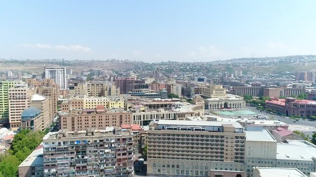 Aerial footage of the Republic Square (Hraparak) in Yerevan, the capital of Armenia, on a sunny day