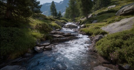 Flowing stream 360 degree panorama mountainous landscape hdr view