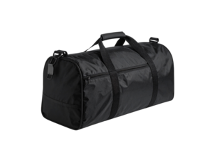 Black nylon duffel bag with top handles and shoulder strap, isolated on black background