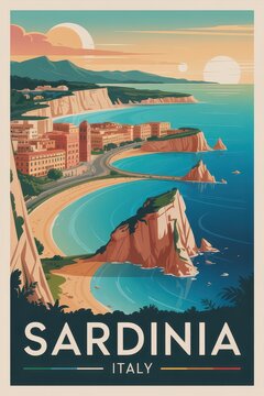 Sardinia Italy Retro Coastal Travel Poster with Cliffs and Seaside Architecture

