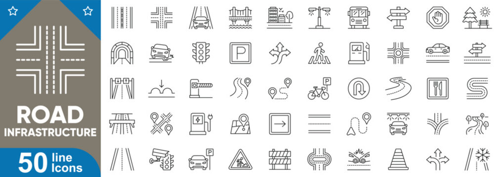 Road infrastructure icons set. 40 editable stroke line icons representing roads, highways, bridges, traffic lights, street signs, barriers, tunnels, crosswalks and more. Vector illustration.