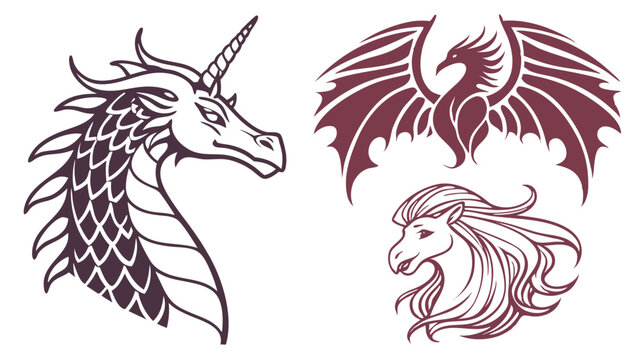 Illustration featuring a unicorn dragon and a horse with a dragon with spread wings design 100