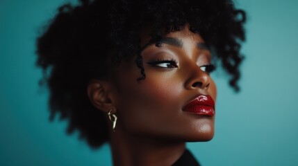 Fototapeta premium A confident woman showcases her stylish makeup and unique hairstyle against a vibrant backdrop, celebrating individuality, self-expression, and beauty in its diverse forms.