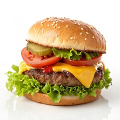 Juicy Cheeseburger with Lettuce, Tomato, and Pickles on Sesame Bun