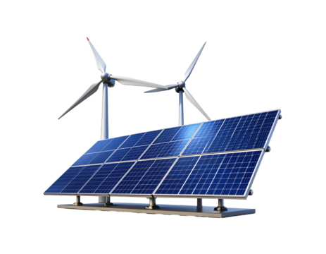 Solar panels and wind turbines generating clean energy, alternative power source, sustainable technology, environmental conservation, renewable resources, eco-friendly solution, climate