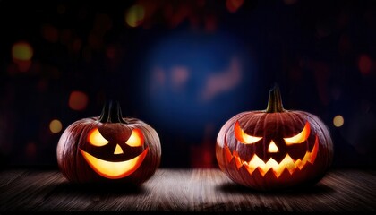 Fototapeta premium glowing halloween pumpkins with sinister carved faces on rustic wooden table against dark bokeh background for spooky web design, poster, or branding use