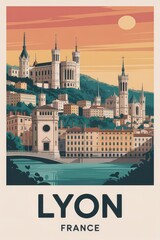 Obraz premium Lyon France Retro Travel Poster Featuring Fourvière Basilica and Riverside View
