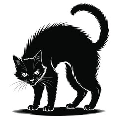Fototapeta premium A black cat arching its back with spiked fur and glowing eyes in black silhouette vector