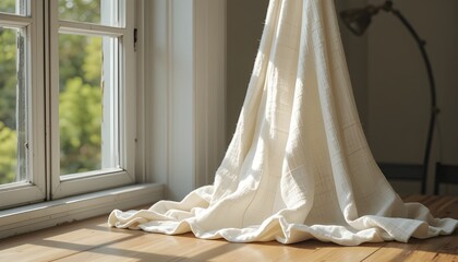 Laundered linen draped against a sunny window on a wooden table