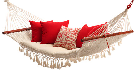 Comfortable hammock with red pillows, perfect for relaxation and leisure.