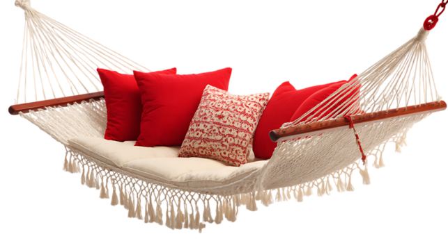 Comfortable hammock with red pillows, perfect for relaxation and leisure.