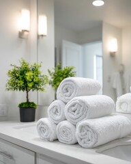 Luxury Bathroom Towels Clean White Rolled Towels on Countertop