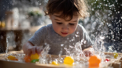 Joyful Toddler Playing with Water and Colorful Toys at Table Under Bright Sunlight