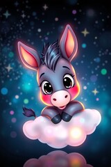 Fototapeta premium Cute cartoon baby donkey embraces a soft cloud in whimsical night sky
