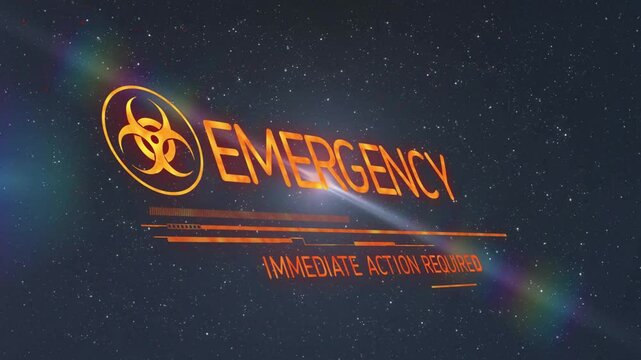 Data bar sweeping causing biohazard symbol fading revealing emergency text pulsing to demand action