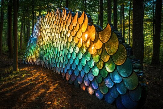 Colorful, fish-scale wall in a forest