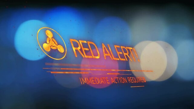 Icon fading, pulsing ring, letters expanding into RED ALERT subtitle sliding demanding action