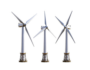 Obraz premium Three modern wind turbines on black background, energy generation concept