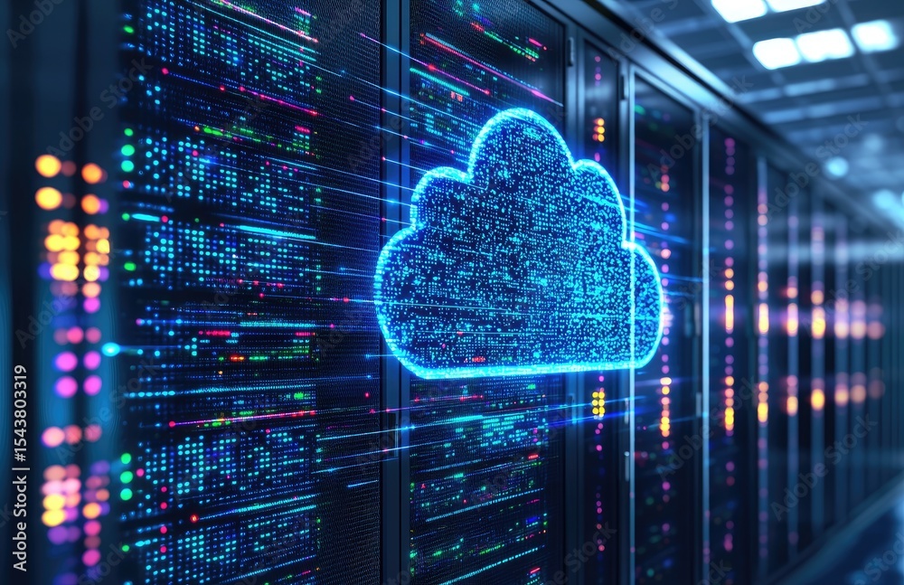 Poster Glowing blue cloud icon hovering near server racks in a futuristic data center, ideal for cloud computing, networking solutions, and digital infrastructure visuals