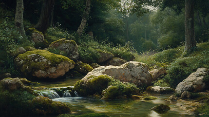 Peaceful forest stream among vibrant moss stones high resolution picture