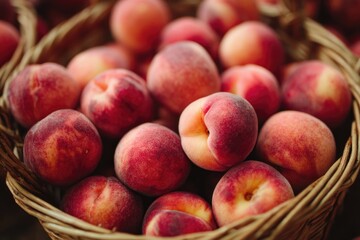 A wicker basket overflowing with ripe, red-blushed peaches, their fuzzy skins gleaming under soft light (1)