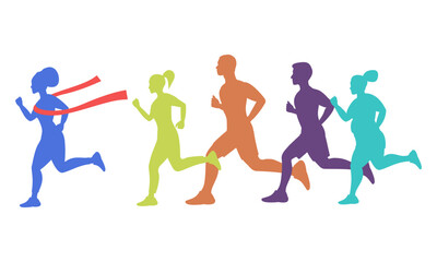 A marathon and a winner with a red ribbon. The winner becomes the leader. Silhouettes of different colors. Runners.